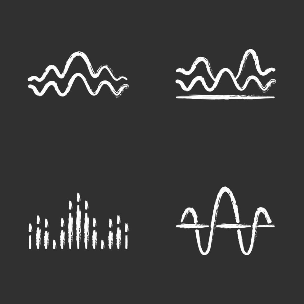 geluidsgolven krijt pictogrammen instellen. geluid, trillingsfrequentie. volume, equalizer niveau golvende lijnen. muziek golven, ritme. digitale curve geluidsgolven. Radio signaal. geïsoleerde vector schoolbord illustraties