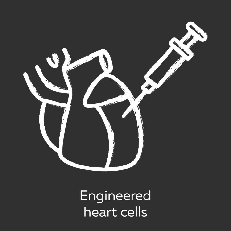 gemanipuleerde hartcellen krijt icoon. door mensen gemanipuleerde hartweefsels. hectaren. hart injectie. studie hartfysiologie. bio-engineering. biotechnologie. geïsoleerde vector schoolbordillustratie