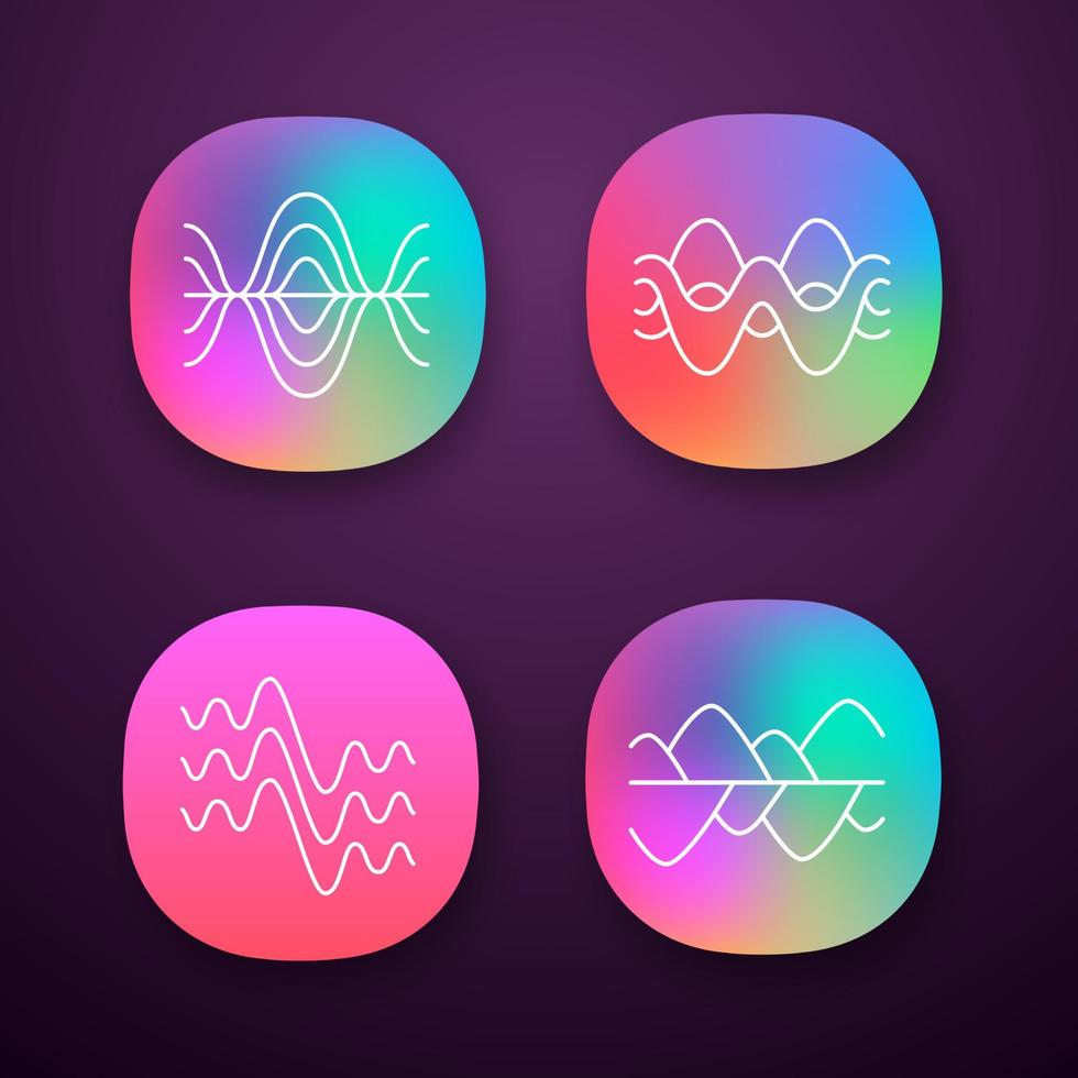 geluidsgolven app pictogrammen instellen. trillingen, geluidsamplitude, niveaus. geluidsgolven, digitale golfvorm. audio, muziek, melodieritme. ui ux-gebruikersinterface. web, mobiele toepassingen. geïsoleerde vectorillustraties vector
