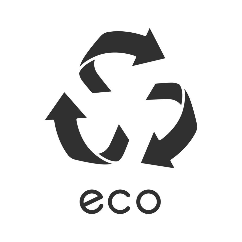 eco-label glyph-pictogram. drie afgeronde pijltekens. recycle symbool. alternatieve energie. milieubeschermingssticker. milieuvriendelijke chemicaliën. silhouet symbool. negatieve ruimte. vector illustratie