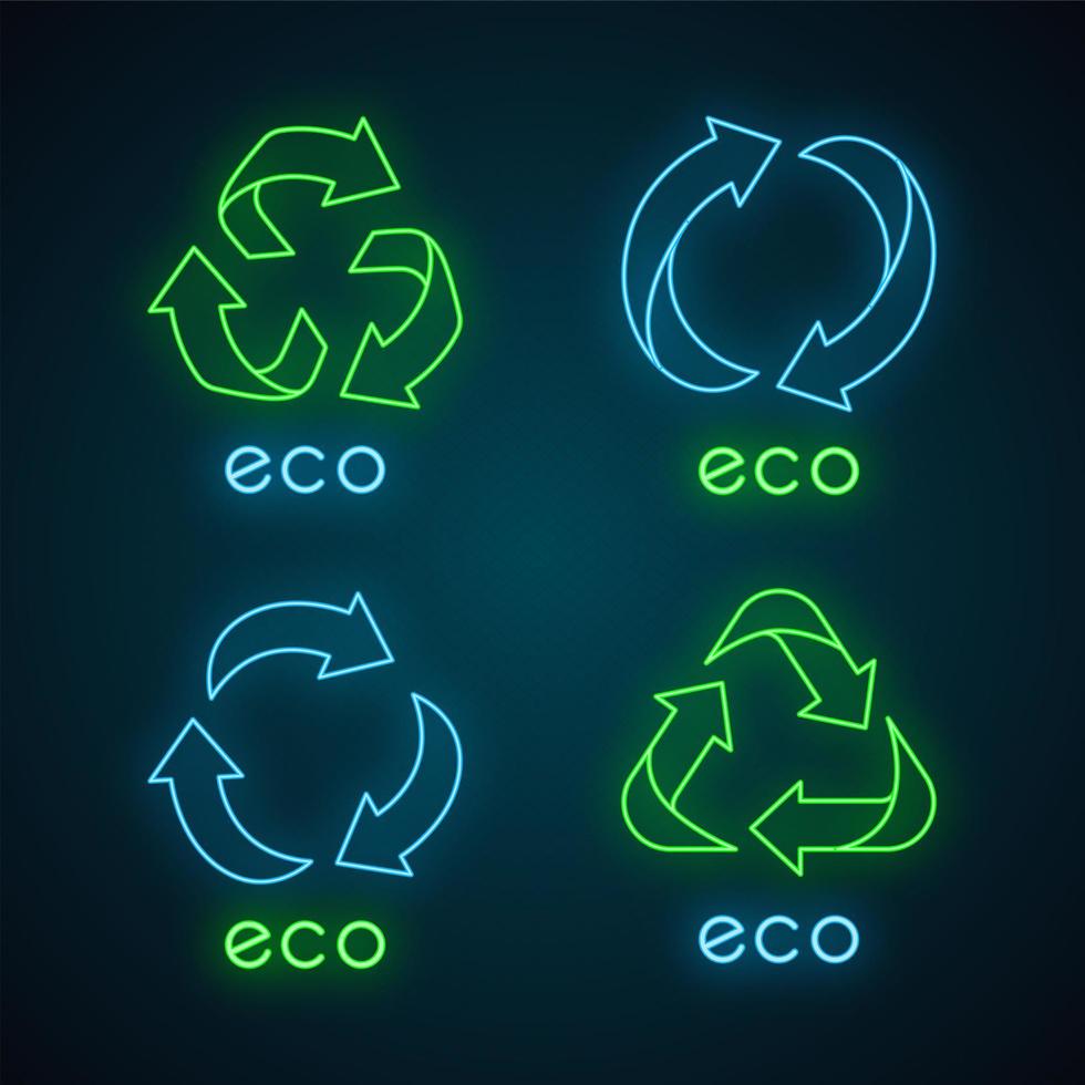 eco-labels neonlicht pictogrammen instellen. pijlen tekenen. symbolen recyclen. alternatieve energie. milieubescherming emblemen. biologische cosmetica. gloeiende borden. geïsoleerde vectorillustraties vector