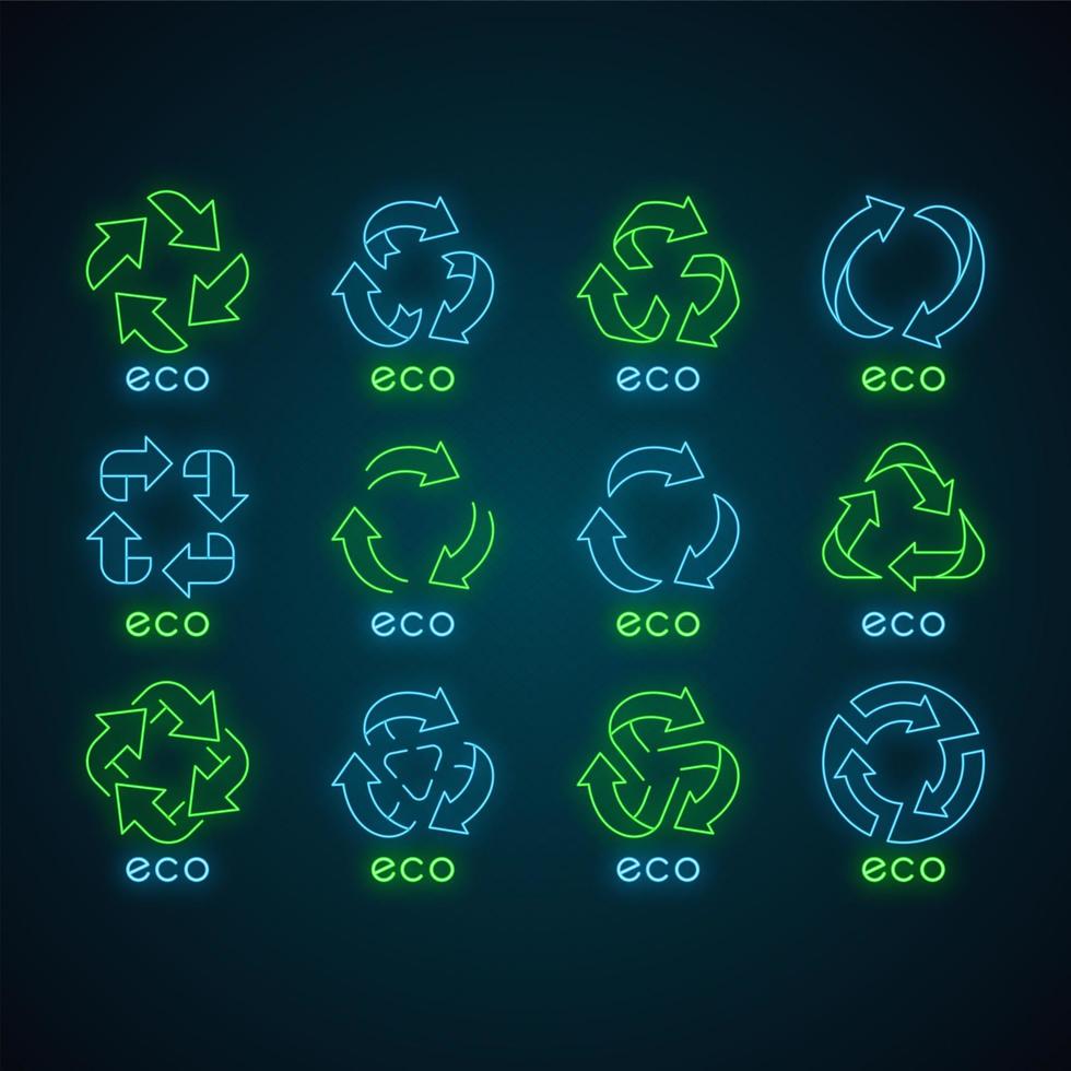 eco-labels neonlicht pictogrammen instellen. pijlen tekenen. symbolen recyclen. alternatieve energie. milieubescherming emblemen. nul afvalproduct. organische producten. gloeiende borden. geïsoleerde vectorillustraties vector