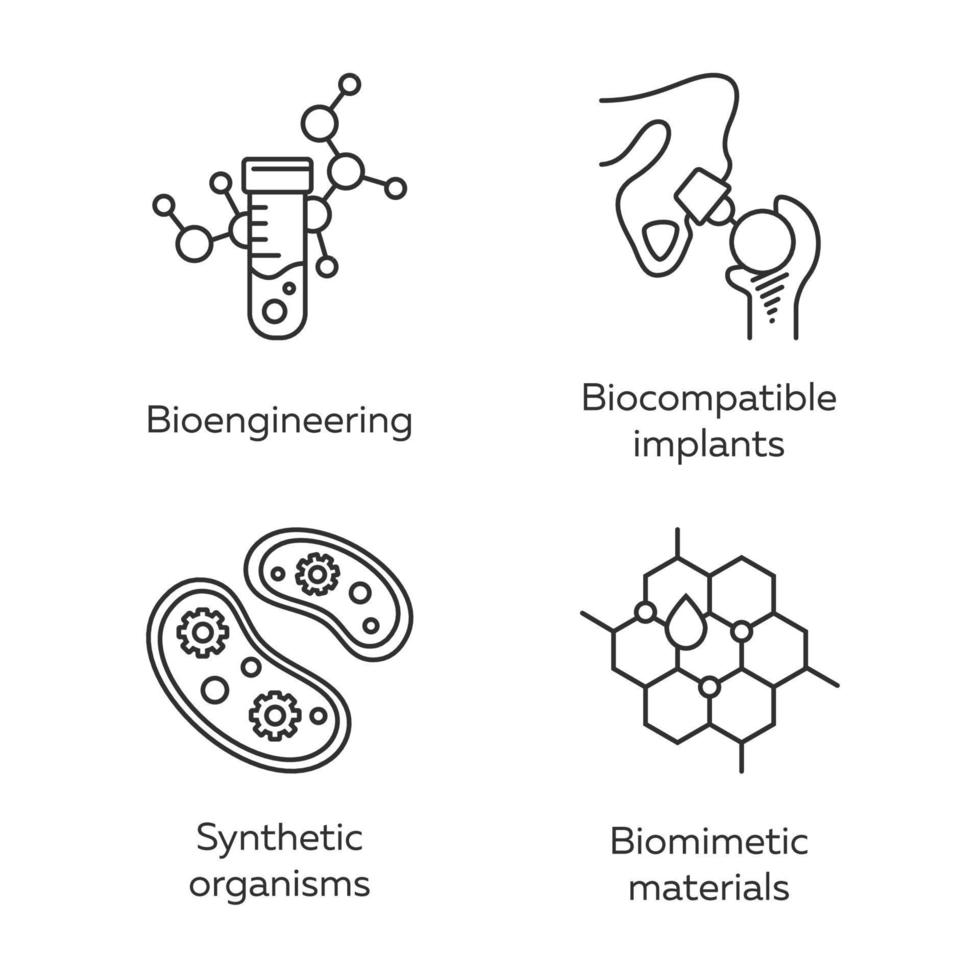 bio-engineering lineaire pictogrammen instellen. biotechnologie. biochemie, ggo, implantatie. dunne lijn contour symbolen. geïsoleerde vectoroverzichtsillustraties. bewerkbare streek vector