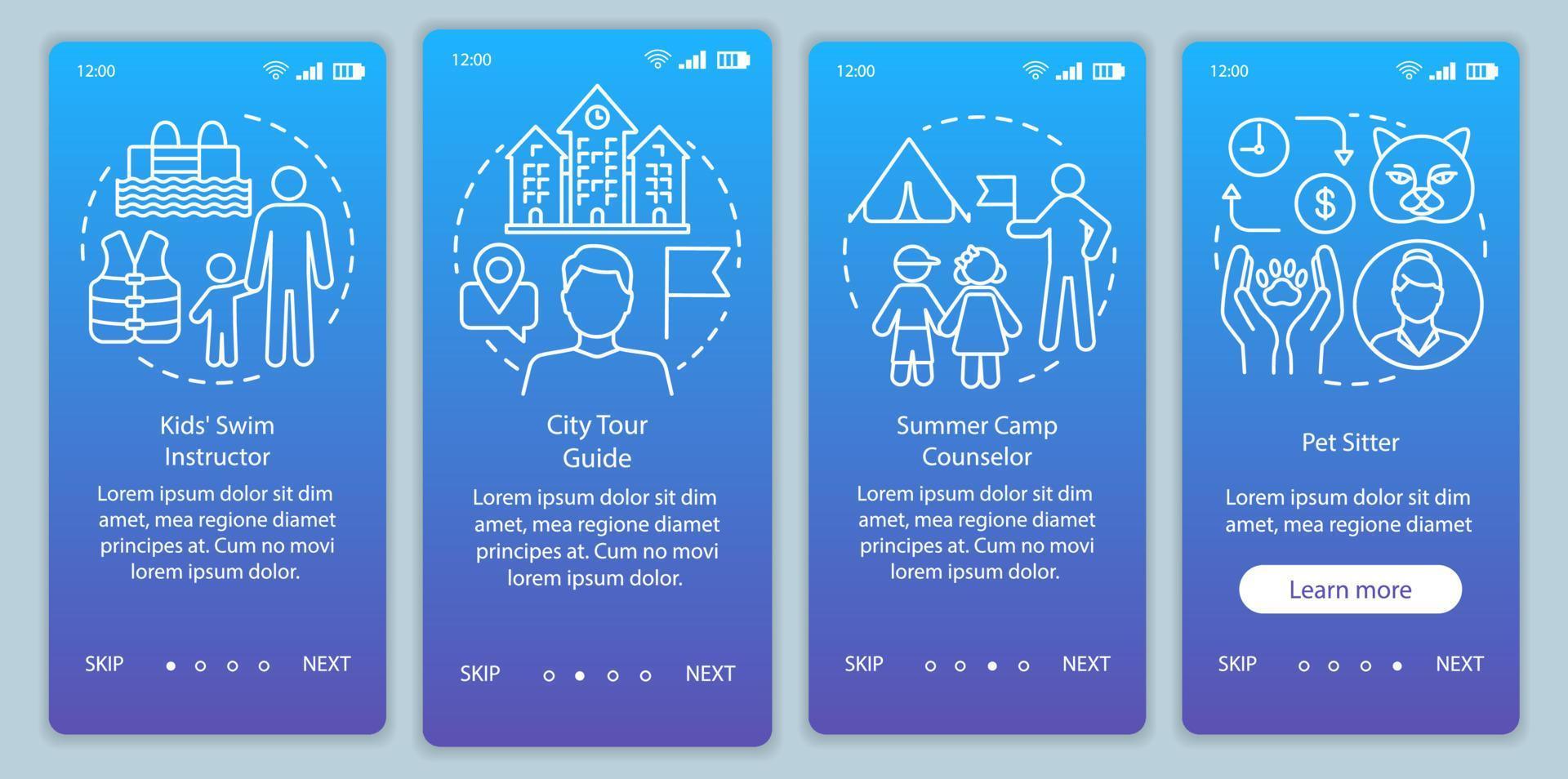 zomer parttime banen blauwe onboarding mobiele app pagina scherm vector sjabloon. zweminstructeur, reisleider. walkthrough website stappen met lineaire illustraties. ux, ui, gui smartphone-interfaceconcept