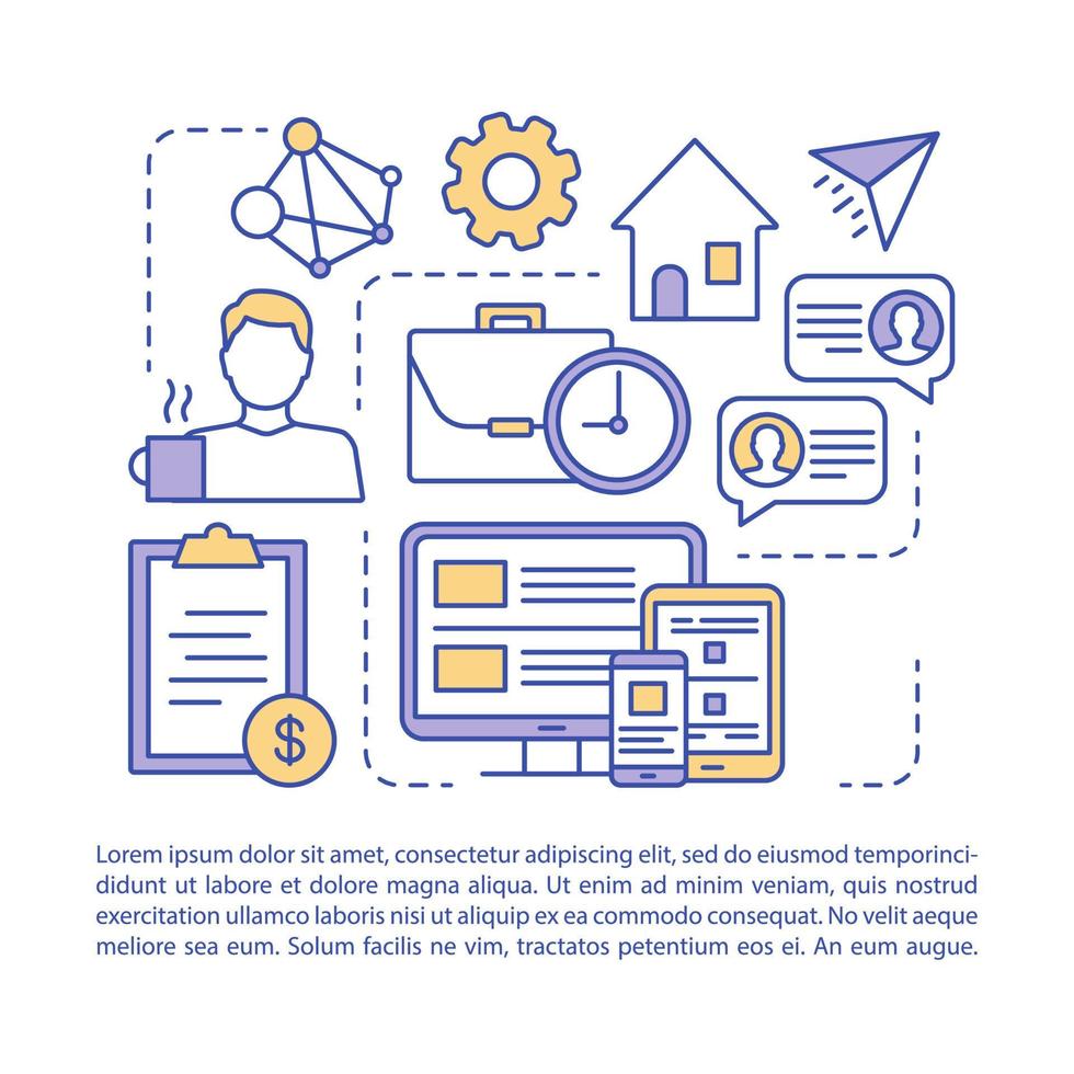 freelance ontwerper artikel pagina vector sjabloon. netwerk baan. thuiskantoor. brochure, boekje ontwerpelement met lineaire pictogrammen en tekstvakken. print ontwerp. conceptillustraties met tekstruimte