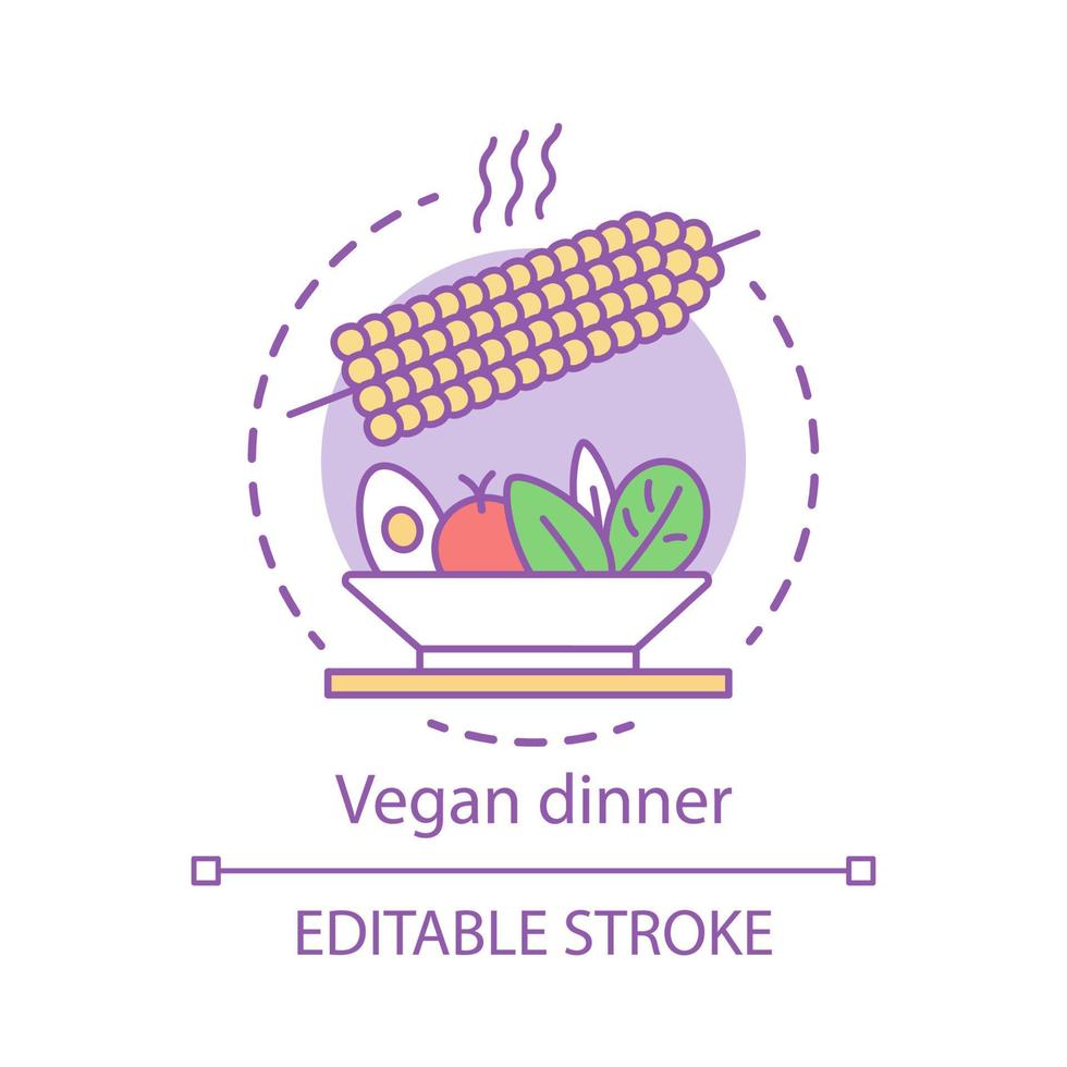 veganistisch diner concept icoon. vegetarische levensstijl idee dunne lijn illustratie. biologisch voedsel, gezonde voeding. gekookte maïs met plantaardige salade vector geïsoleerde overzichtstekening. bewerkbare streek