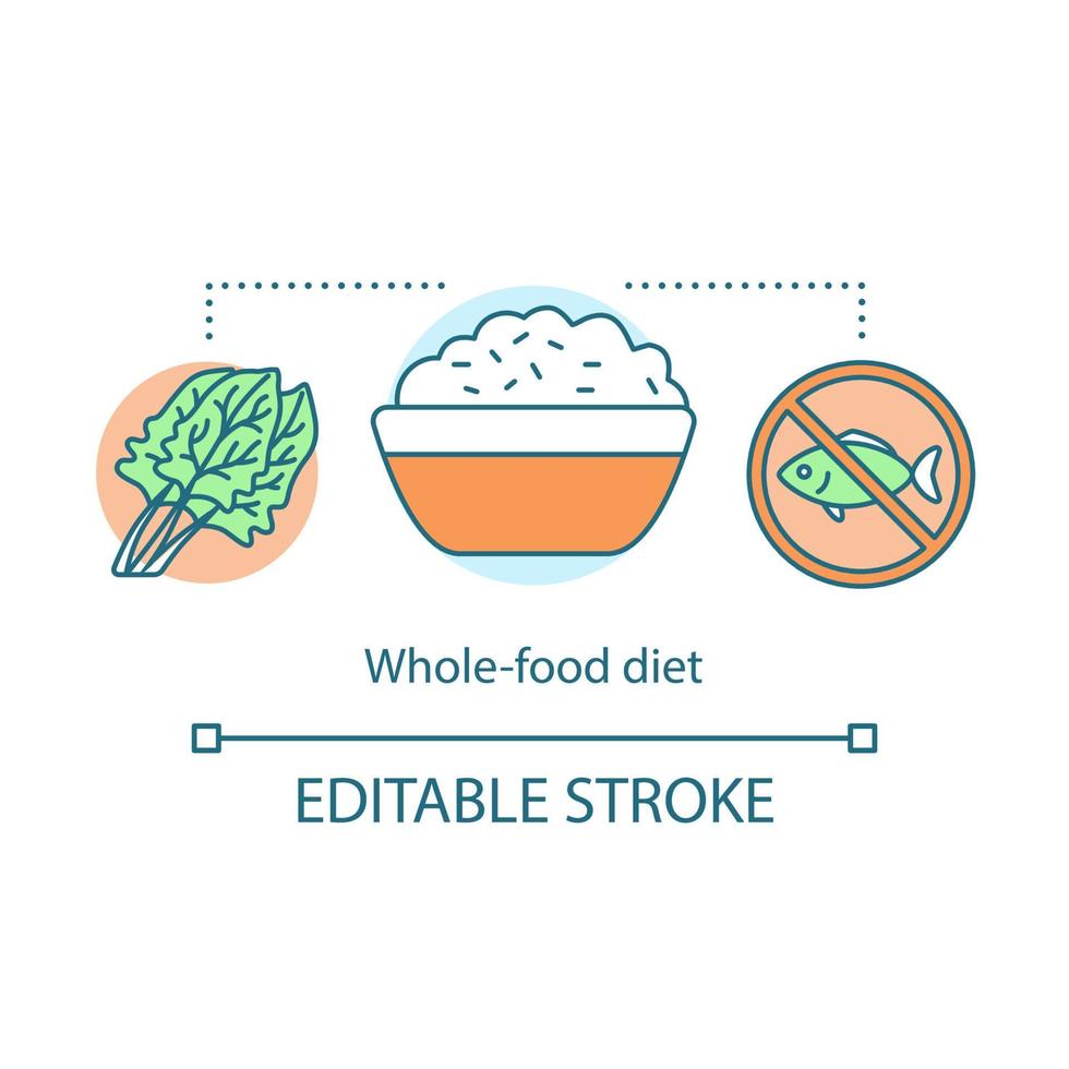 geheel voedseldieet, het conceptpictogram van het gewichtsverlies. veganistische levensstijl idee dunne lijn illustratie. vegetarische voeding. salade bladeren, rijst en vis afwijzing vector geïsoleerde overzichtstekening. bewerkbare streek