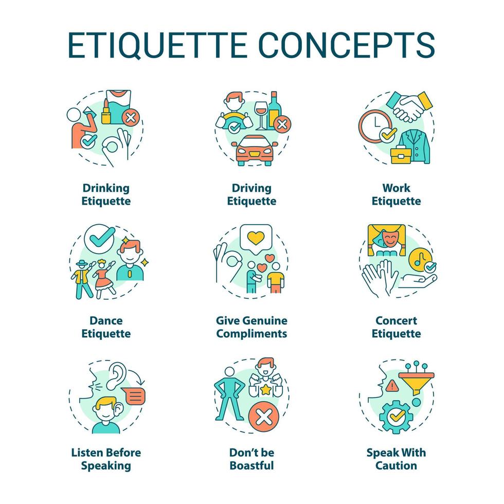 etiquette concept pictogrammen instellen. verzameling regels en normen. ethisch gedrag. beleefdheid idee dunne lijn kleur illustraties. geïsoleerde symbolen. bewerkbare streek. vector