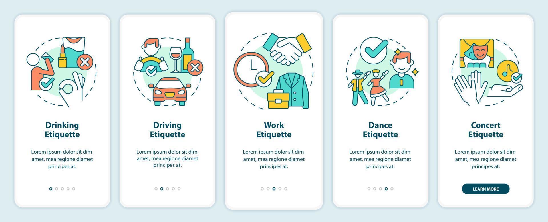 soorten etiquette onboarding mobiele app-scherm. set regels walkthrough 5 stappen grafische instructiepagina's met lineaire concepten. ui, ux, gui-sjabloon. vector