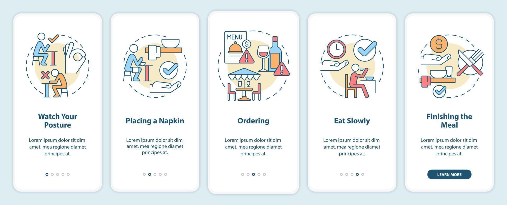 restaurant etiquette onboarding mobiele app-scherm. tafelmanieren walkthrough 5 stappen grafische instructiepagina's met lineaire concepten. ui, ux, gui-sjabloon. vector