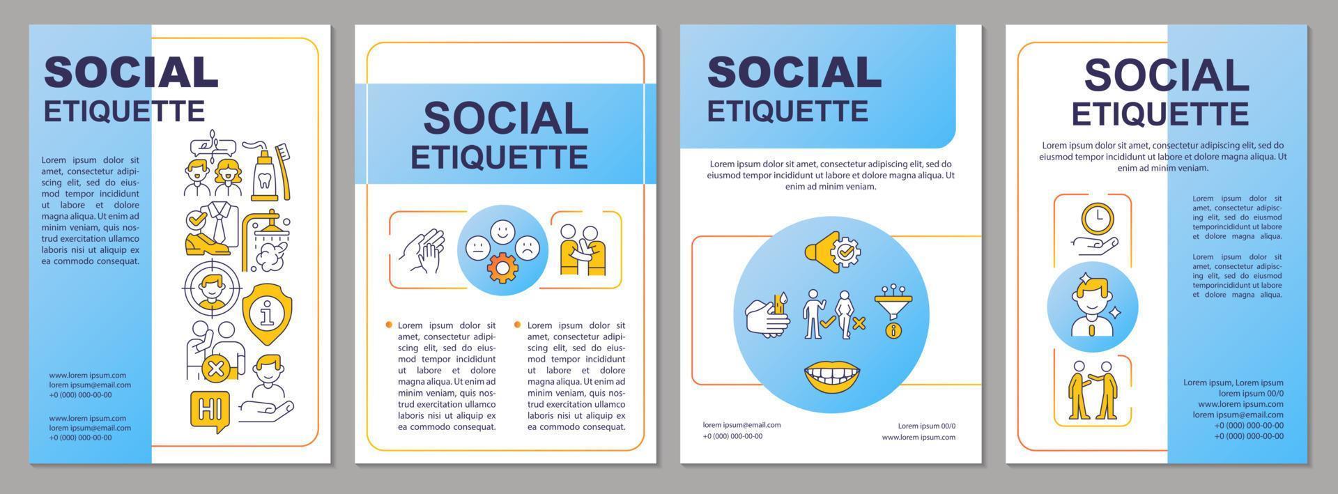 sociale etiquette blauwe brochure sjabloon. normen en regels. folderontwerp met lineaire pictogrammen. 4 vectorlay-outs voor presentatie, jaarverslagen. vector