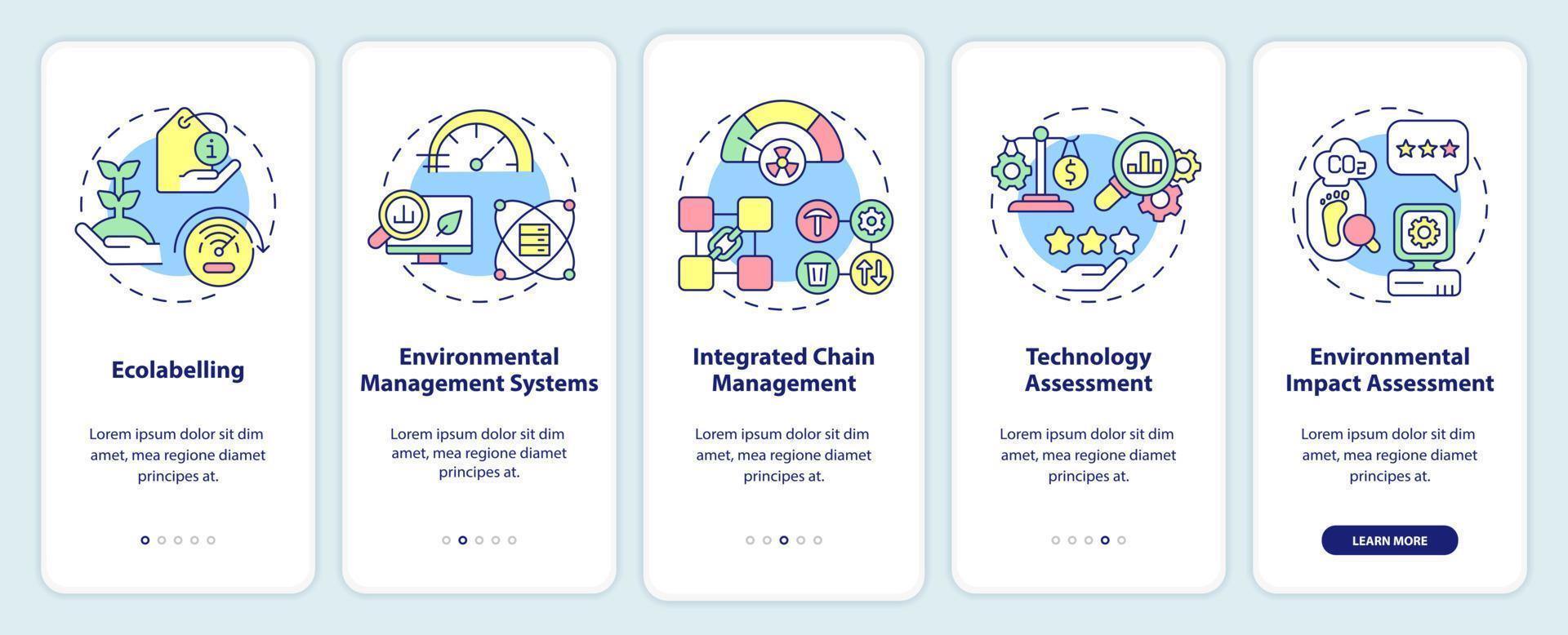 tools van industriële ecologie onboarding mobiele app-scherm. omgevingsoverzicht 5 stappen grafische instructiepagina's met lineaire concepten. ui, ux, gui-sjabloon. vector