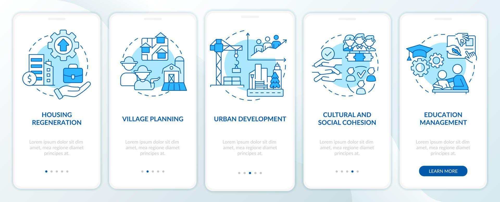 sociale planningsinstanties blauw onboarding mobiel app-scherm. walkthrough 5 stappen grafische instructiepagina's met lineaire concepten. ui, ux, gui-sjabloon. vector