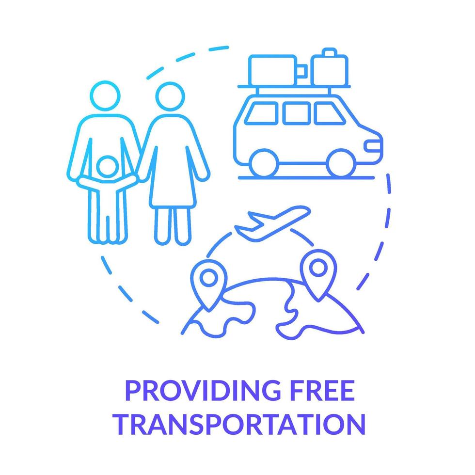 het verstrekken van gratis vervoer blauwe gradiënt concept icoon. vluchtelingen helpen. overheidsinitiatief abstracte idee dunne lijn illustratie. geïsoleerde overzichtstekening. vector