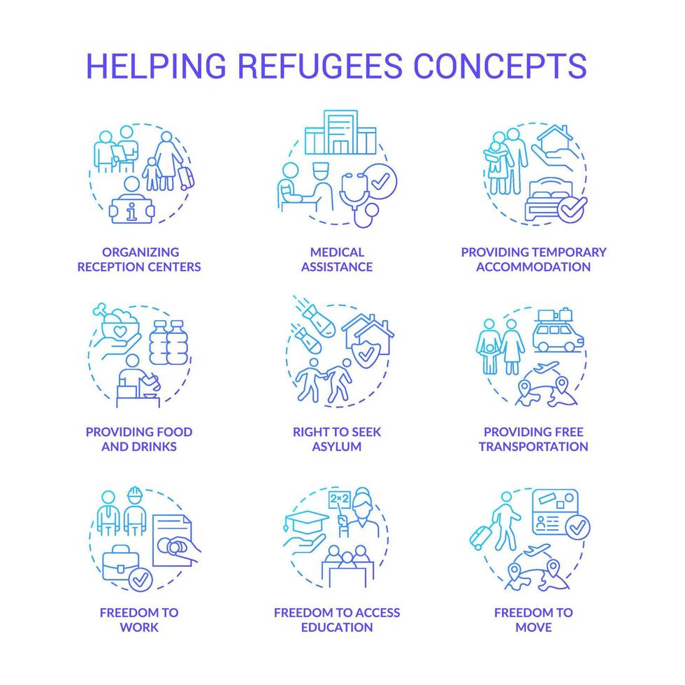 het helpen van vluchtelingen blauwe gradiënt concept pictogrammen instellen. internationale asielzoekers hulp idee dunne lijn kleurenillustraties. geïsoleerde symbolen. vector