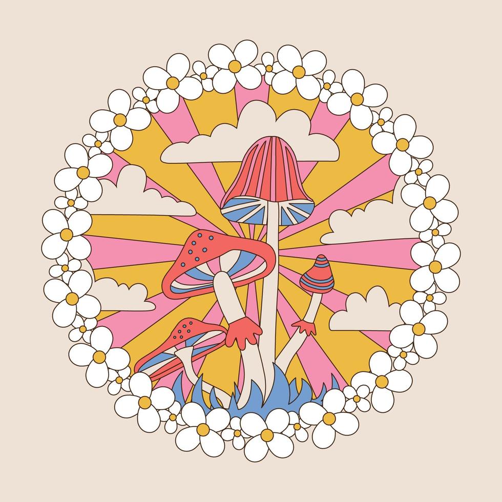 retro hippie badge met schattige groovy madeliefjebloemen, zonnestraal en paddestoelen geïsoleerd op een pastel achtergrond. trendy hand getekende vector grafische illustratie in stijl 70s, 80s.
