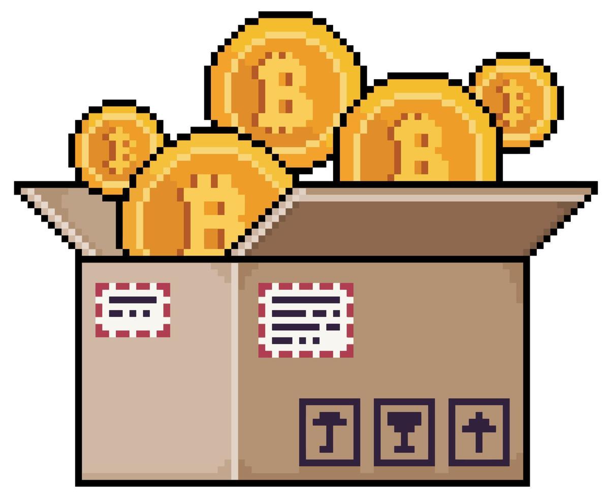 pixelart bitcoins in kartonnen doos. cryptocurrency-bestellingsvectorpictogram voor 8bit-spel op witte achtergrond vector