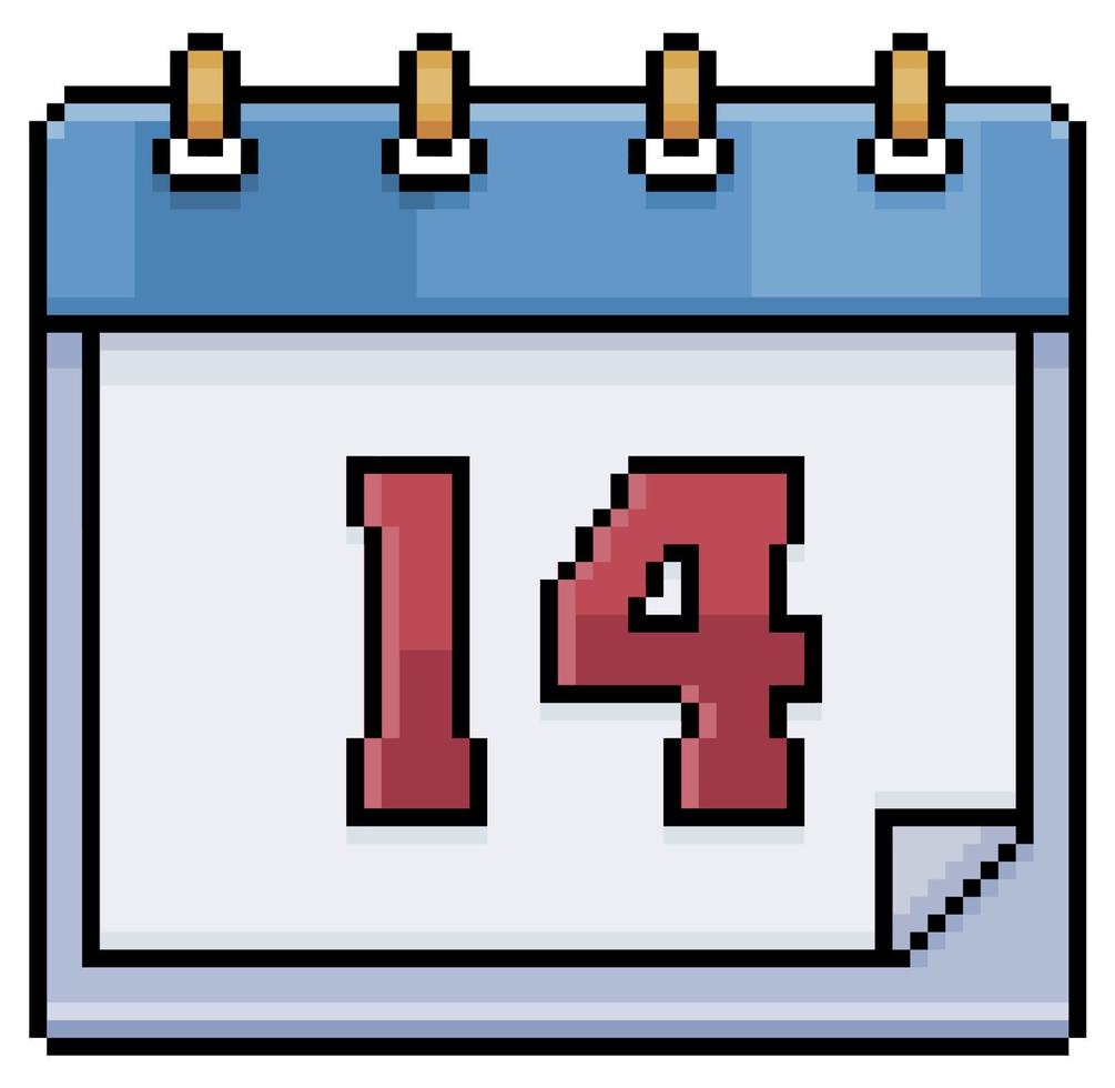 pixel art kalender met datum 14. dag 14. vakantie dag 14 vector pictogram voor 8-bits spel op witte achtergrond