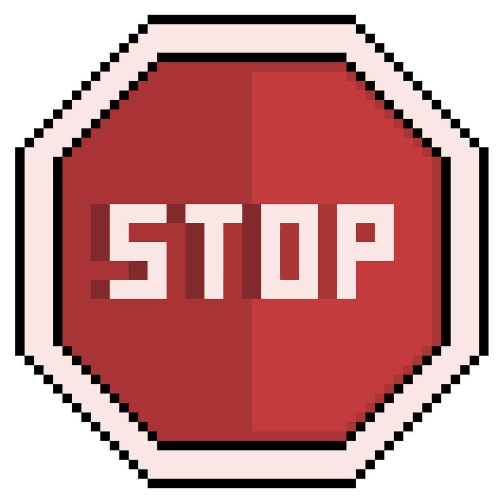 Pixel art stopbord, verkeersbord vector pictogram voor 8-bits spel op witte achtergrond