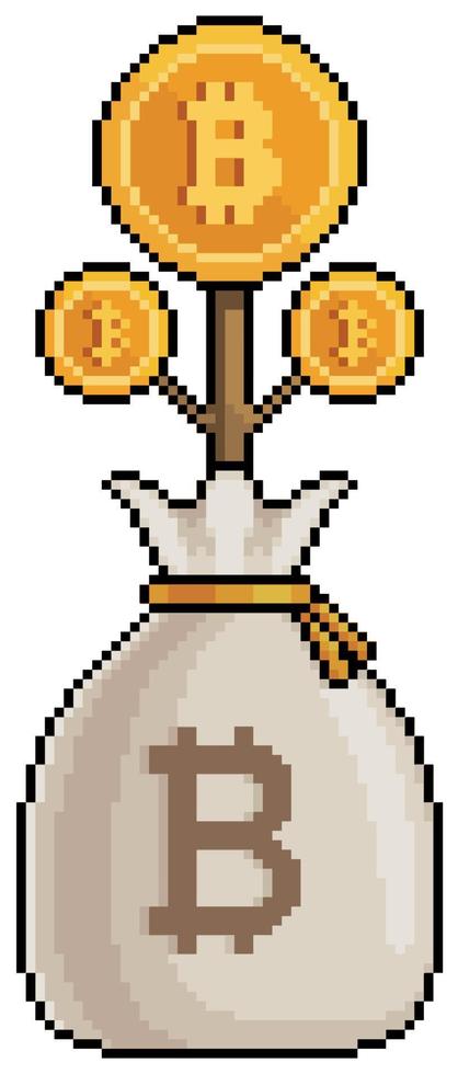 pixel art tas met bitcoin plant. investeringsgroei vectorpictogram voor 8bit-spel op witte achtergrond vector