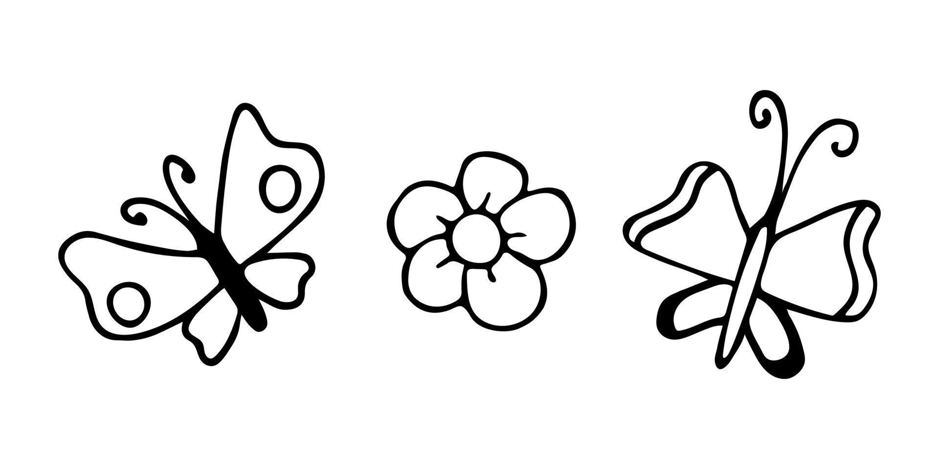 vector doodle set met vlinders en bloem. handgetekende tuin cliparts.