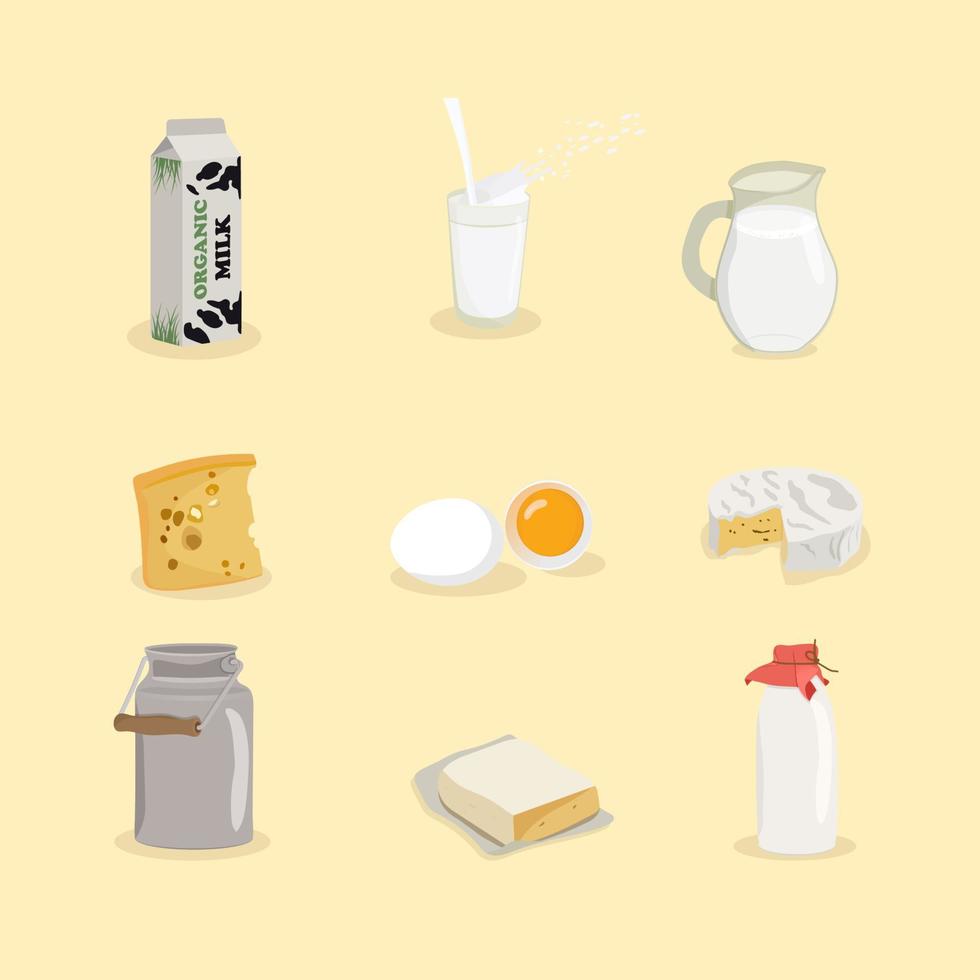 zuivelproducten instellen vector iconen. verse zuivelproducten, melk, kwark, eieren en boter