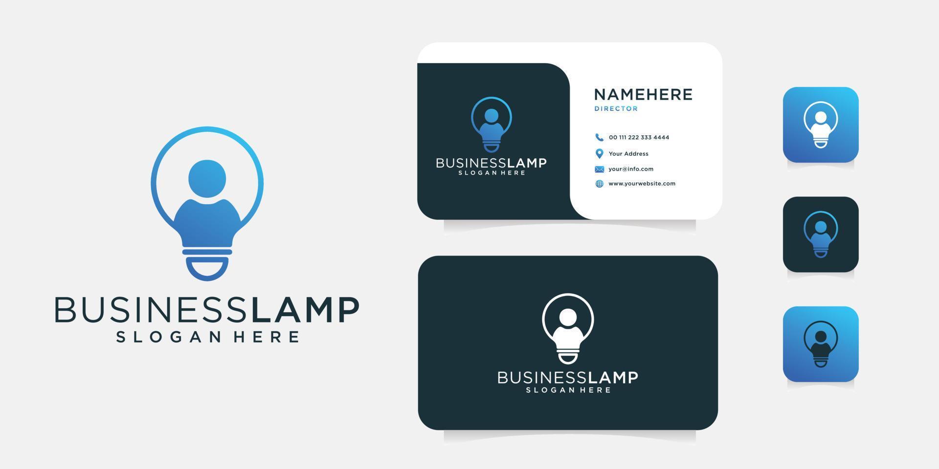 zakenman en lamp logo-ontwerp met sjabloon voor visitekaartjes vector