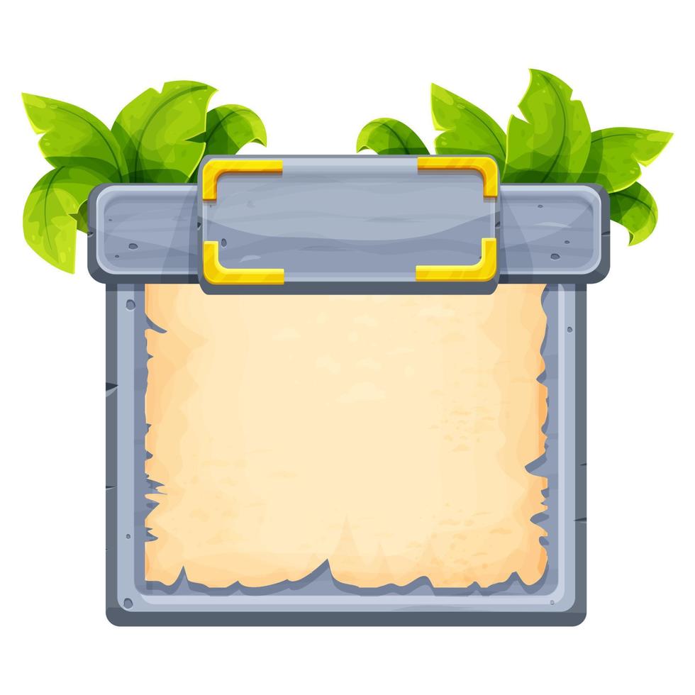 stenen jungle frame met perkament, menu bord versierd met planten, bladeren in cartoon stijl geïsoleerd op een witte achtergrond. ui game-asset-interface. vector illustratie