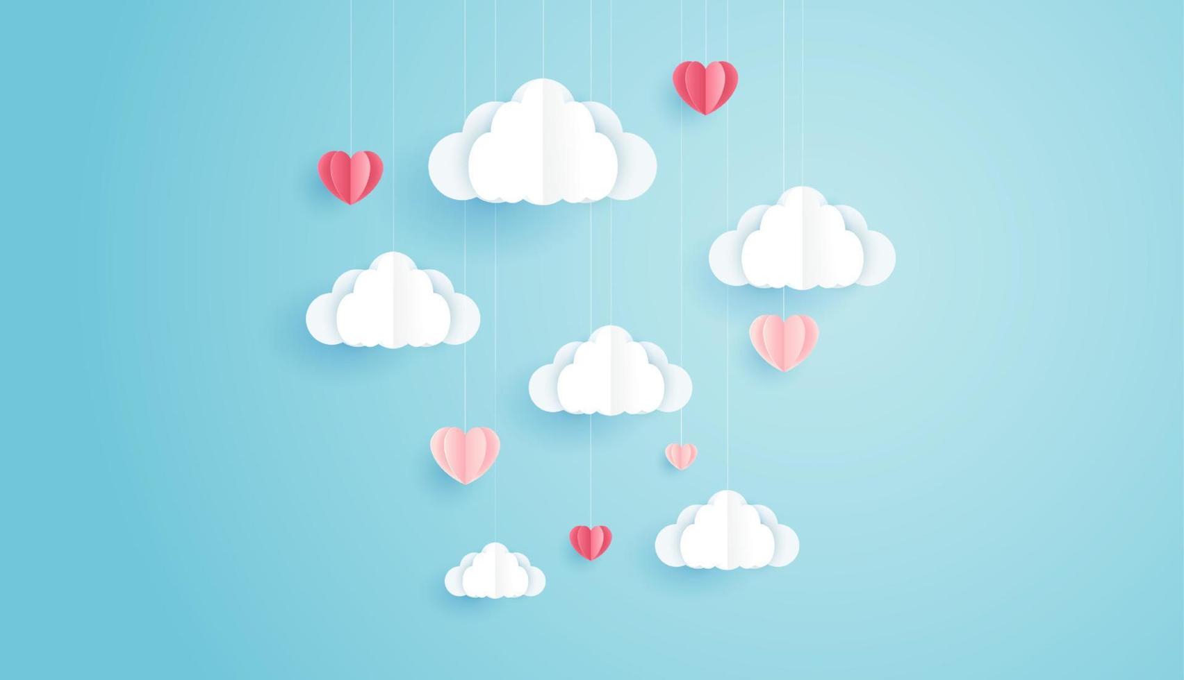 papieren kunst van liefde en valentijnsdag met papieren hart en wolk drijven op de blauwe lucht. kan worden gebruikt voor behang, uitnodiging, posters, banners. vector ontwerp