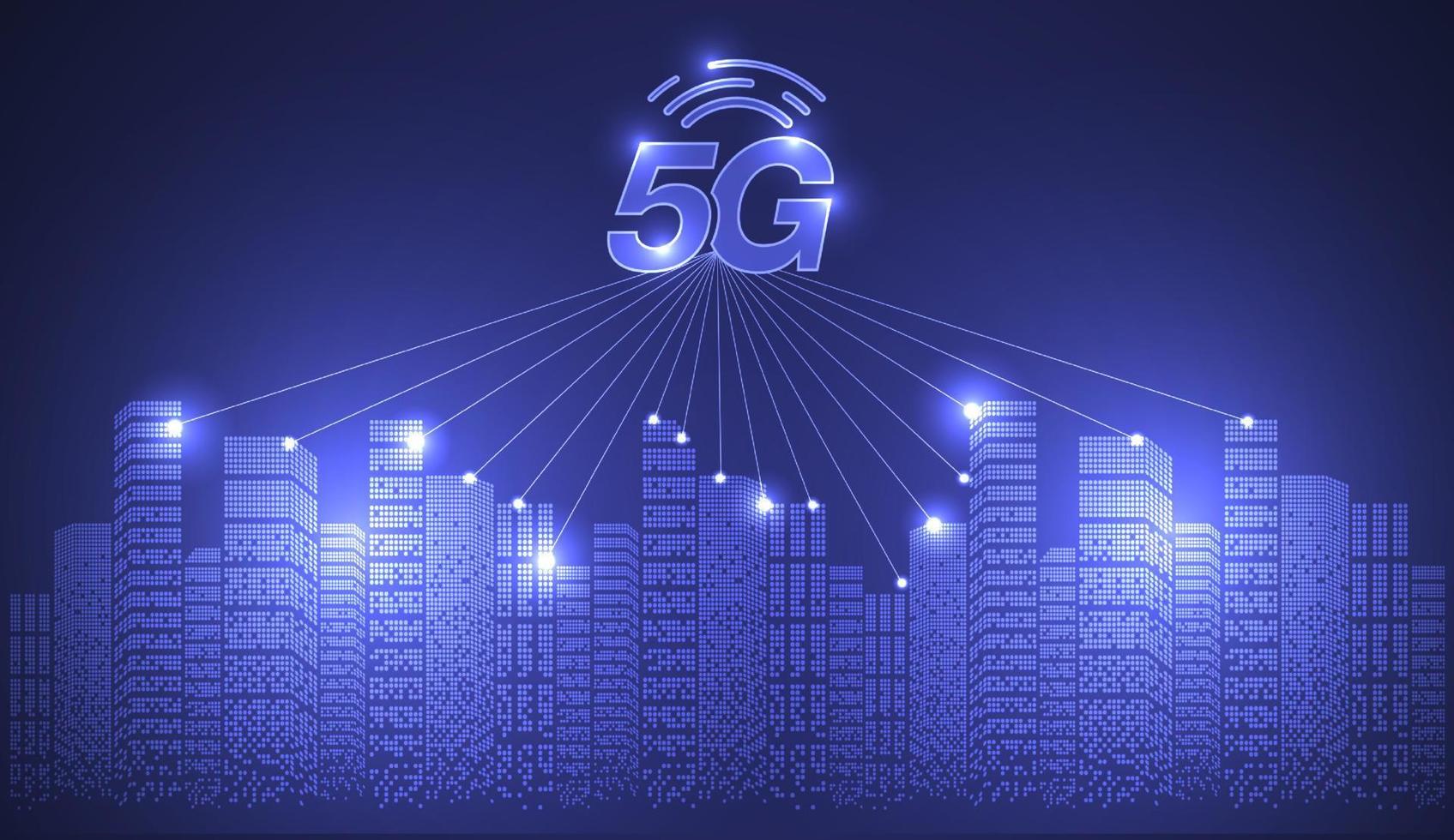 5g-netwerk draadloos internet wifi-verbinding en internet of things met moderne skyline van de stad. slimme stad en communicatienetwerkconcept. hoge snelheid, breedband telecommunicatie. vectorontwerp. vector