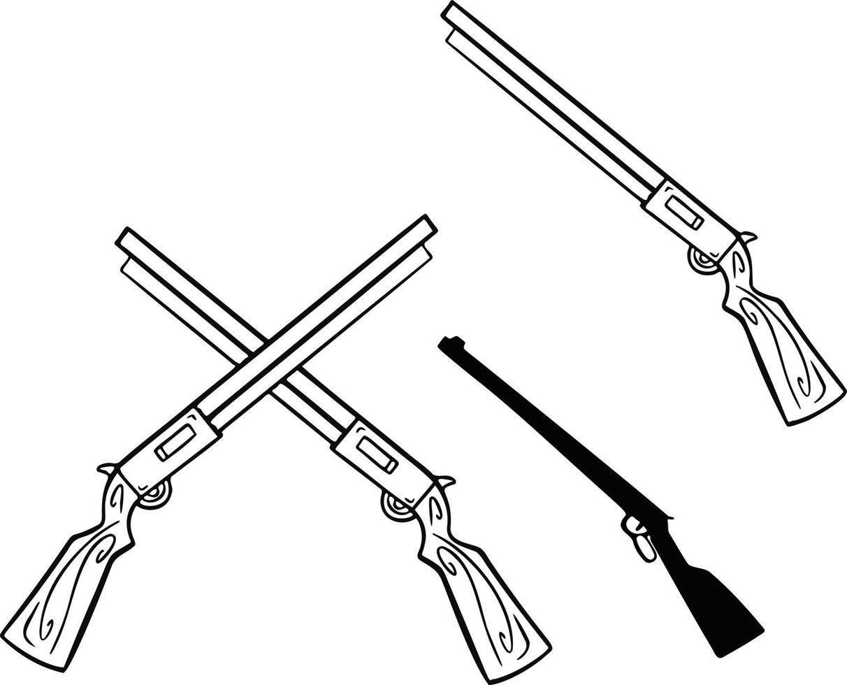 zwart-wit lineair teken, aanduiding silhouet jachtgeweer wapen, hand getrokken illustratie vector