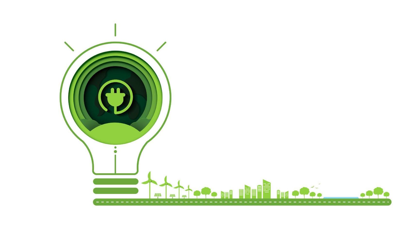 papierkunst van groene ecologietechnologie en natuurconcept. bespaar energie creatief idee concept. gloeilamp met natuur- en milieubehoud. vector ontwerp