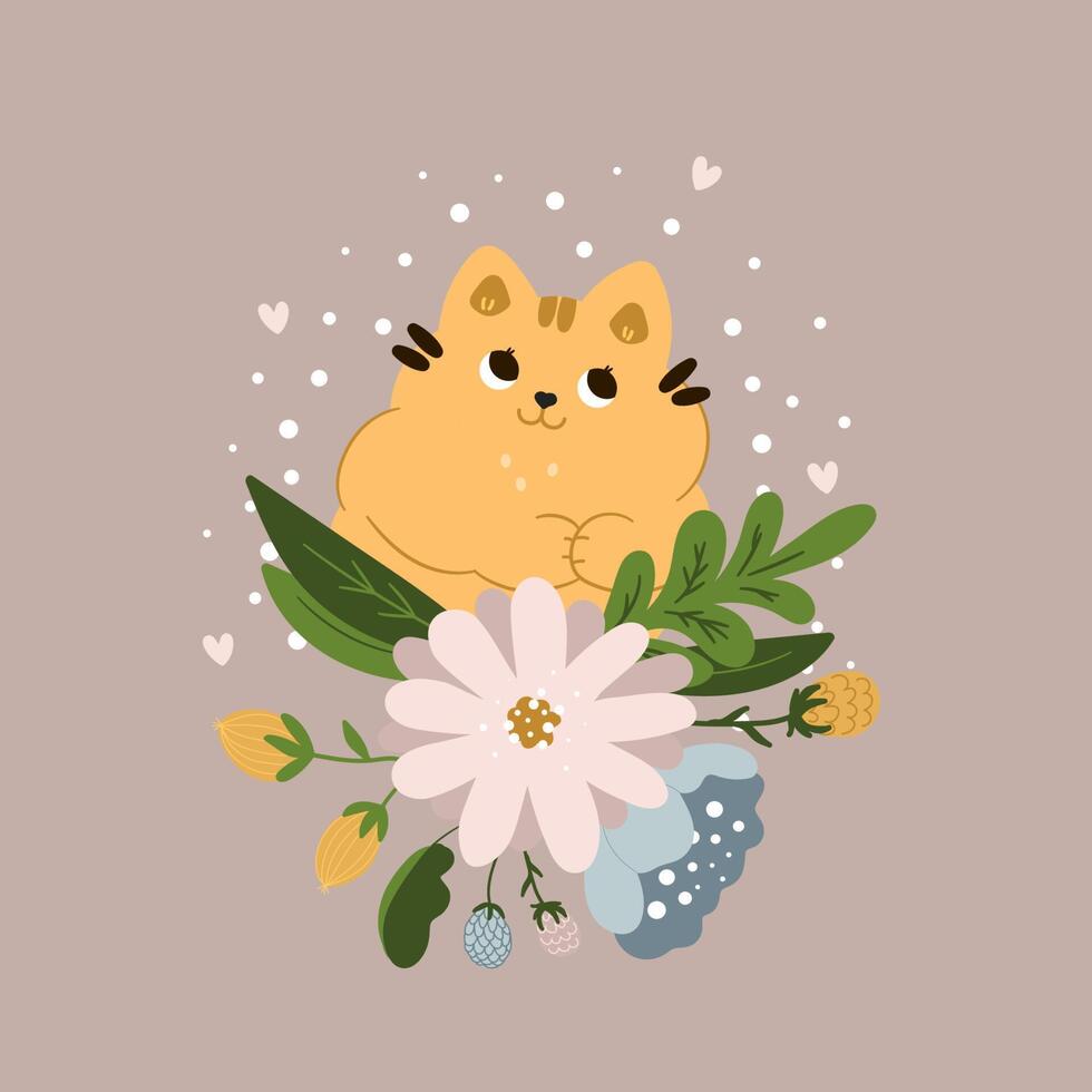 leuke grappige kattendromen in bloemen op een koffieachtergrond. platte cartoonstijl voor babydouche, babywinkel, boeken vector