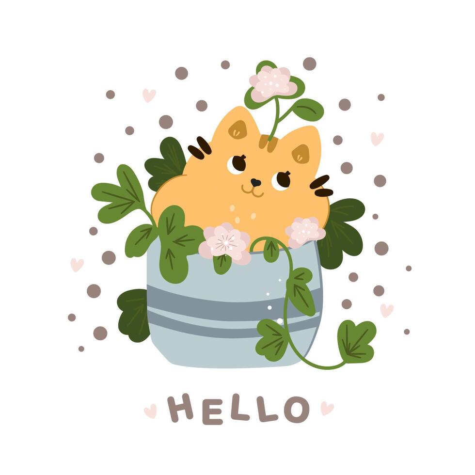 kitten in een pot met een bloem. hand getekend platte vectorillustratie, op trendy geruite achtergrond. grappige dierenfiguren en kamerplanten. kamerplanten en huisdieren. vector