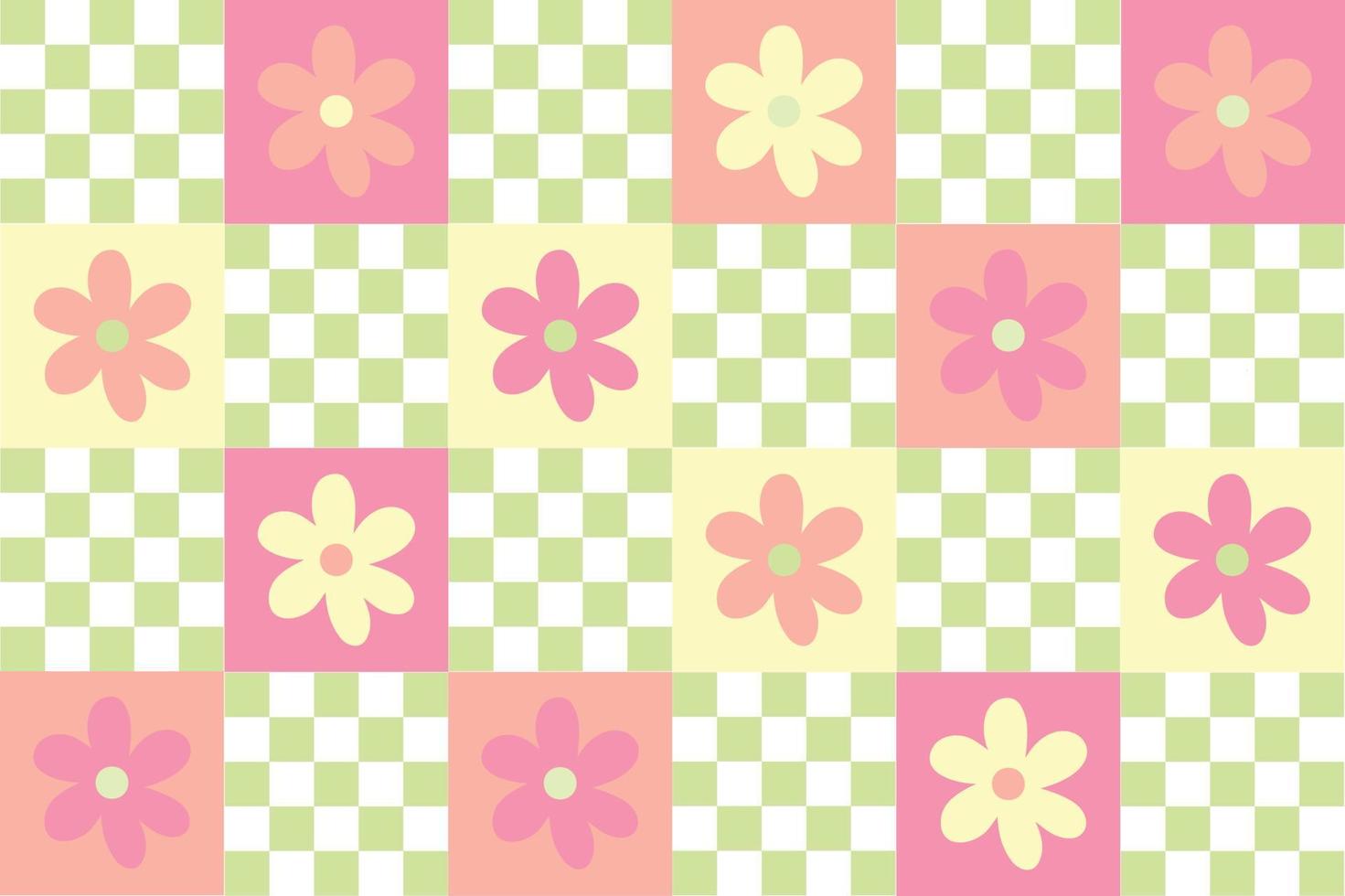 leuke lappendeken naadloze bloemmotief achtergrond. pastelkleurige dambord en madeliefje achtergrond. modern, trendy, helder vectorontwerp, Deense pastel trendy print voor textiel, behang. vector