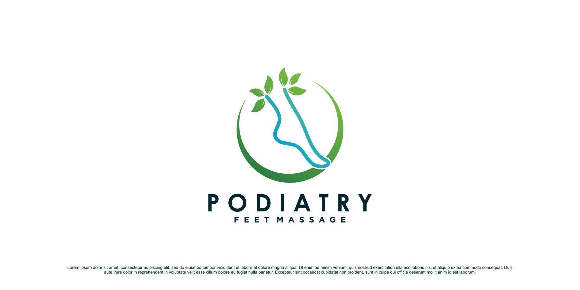 podologie logo-ontwerp voor natuurlijke voetmassage met enkelconcept en bladelement premium vector