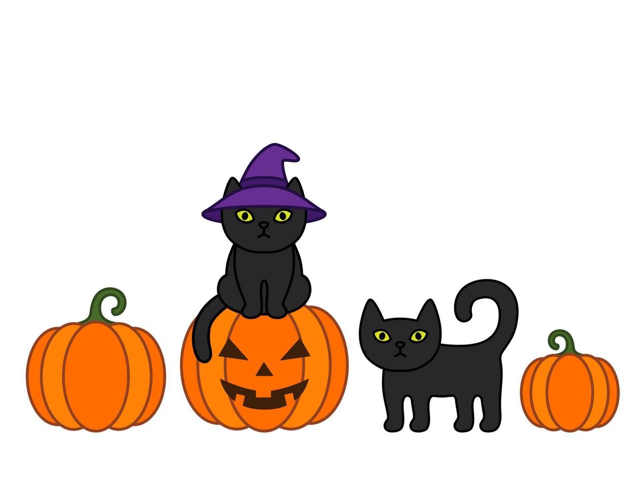 halloween grens met zwarte katten en pompoenen. zwarte kat in heksenhoed. vector