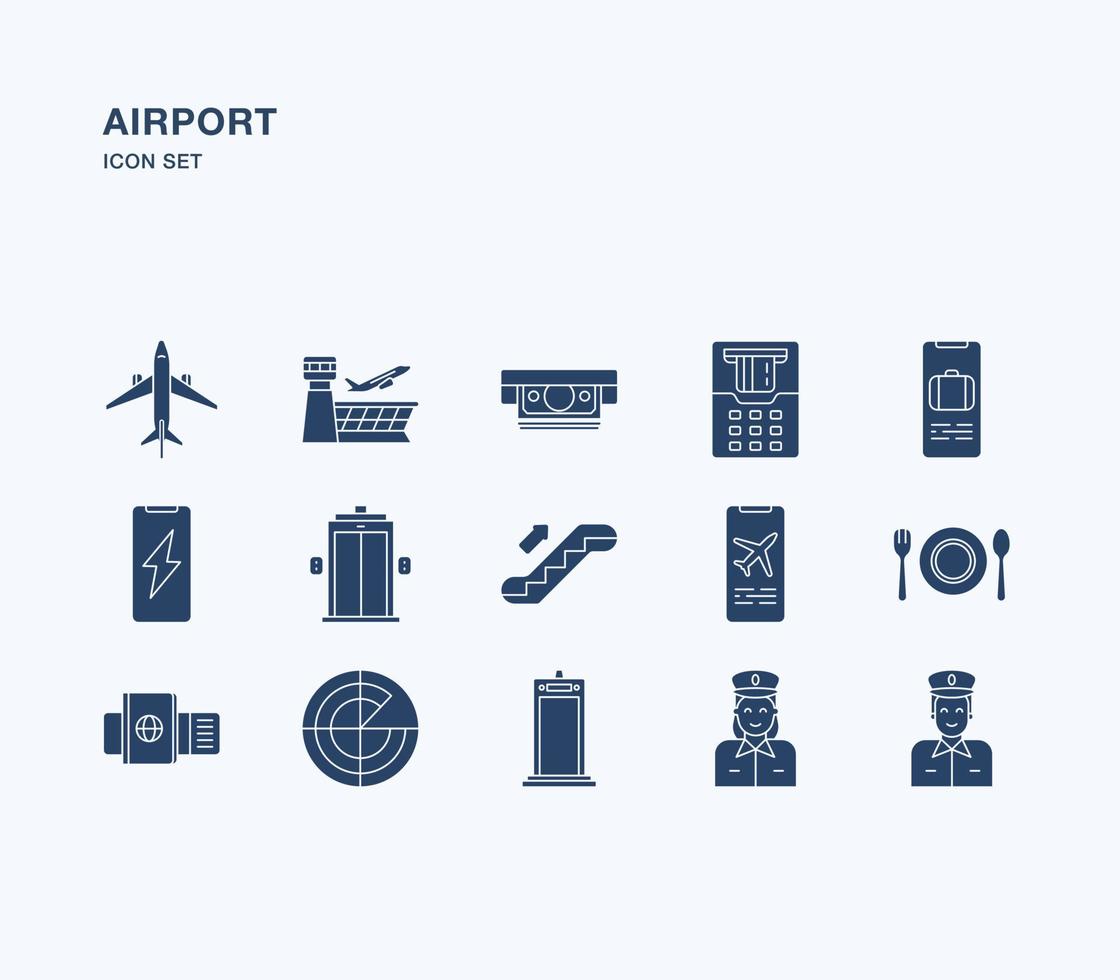 luchthaven en luchtvaart solide icon set vector