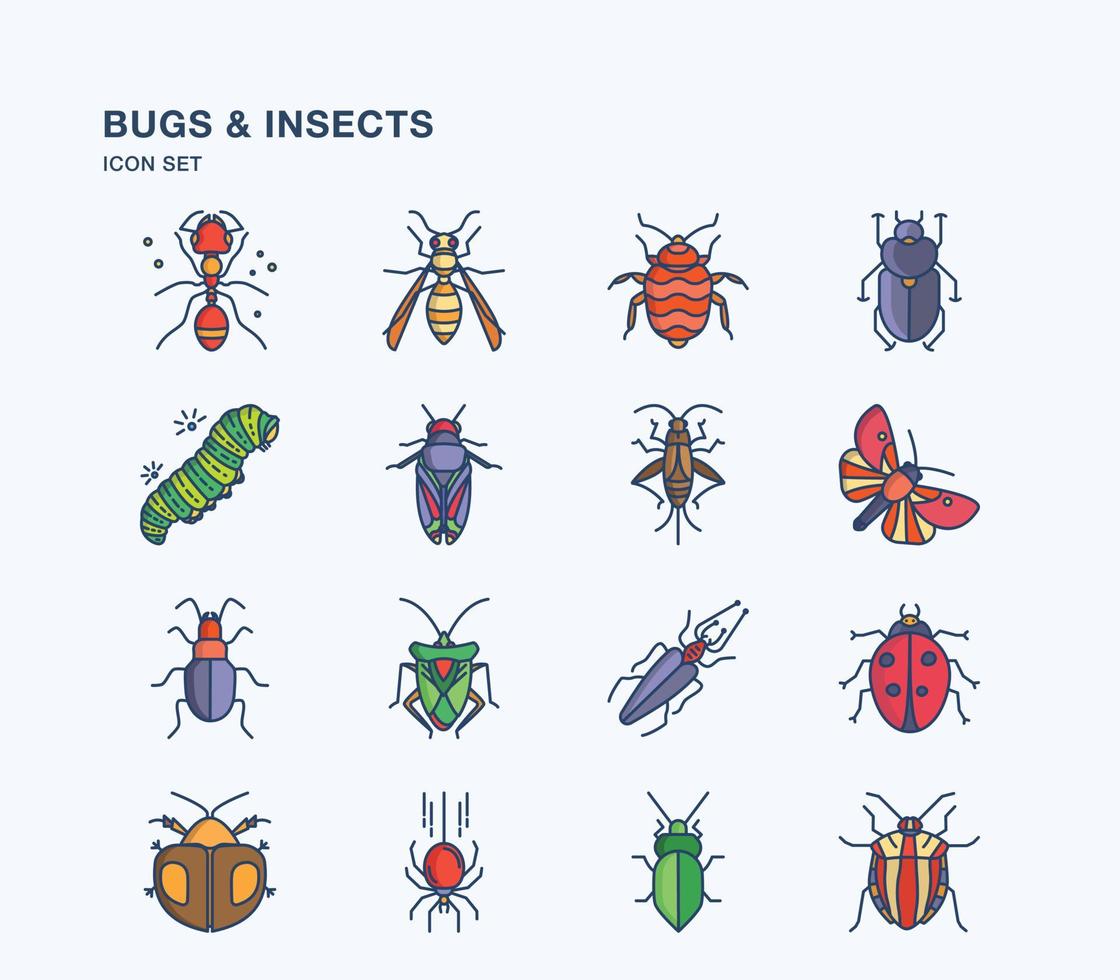 insecten en insecten lineaire gekleurde pictogrammenset vector