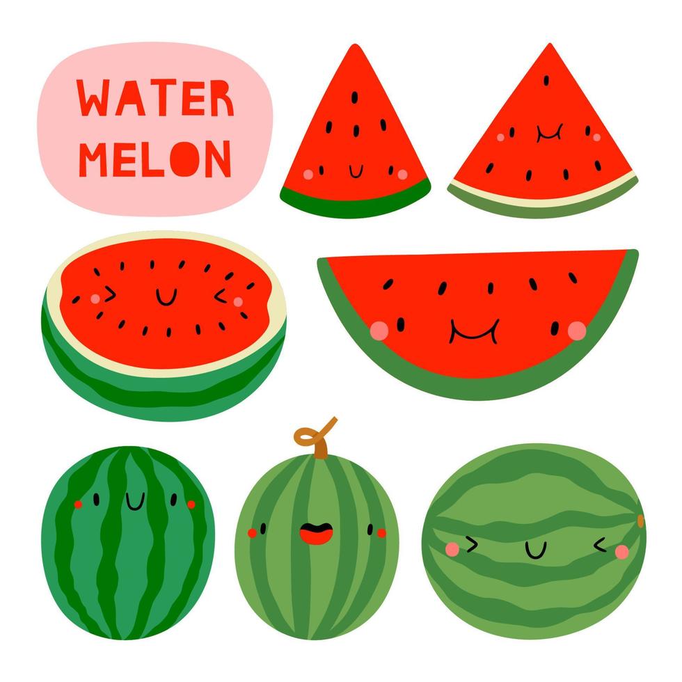 super leuke set - verschillende handgetekende watermeloenen. seizoensgebonden watermeloen fruit karakter met smileygezicht. grappige voedselillustratie vector