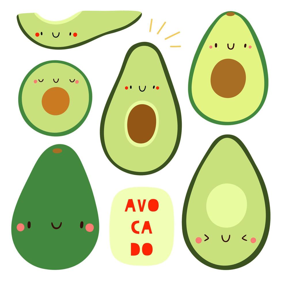 super leuke set - verschillende handgetekende avocado. seizoensgebonden avocado-fruitkarakter met smileygezicht. grappige voedselillustratie vector