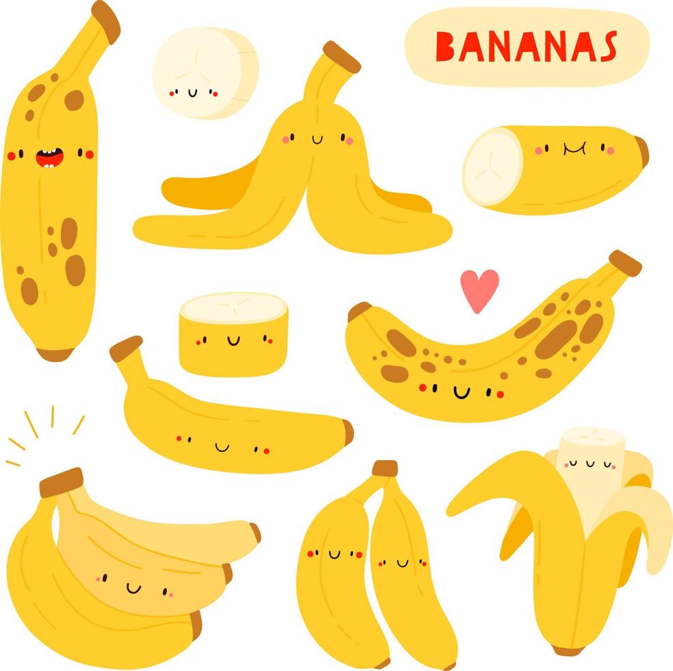 super leuke vectorcollectie met handgetekende bananen. zomer fruit set. verschillende bananen op een witte achtergrond vector