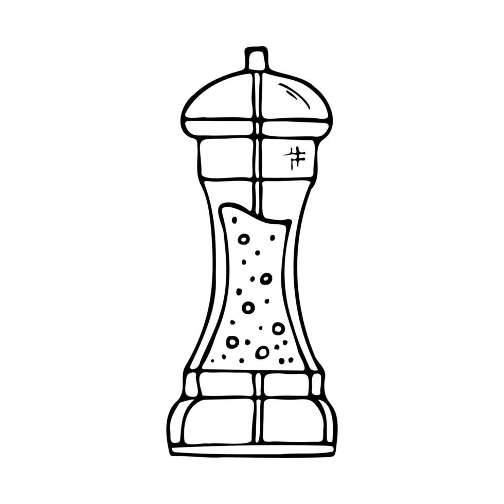 zoutglas of papiermolen van keukengerei doodles. hand getekende zwarte silhouet vectorillustratie op witte achtergrond. clipart voor restaurantmenu, receptenboek en behang. vector