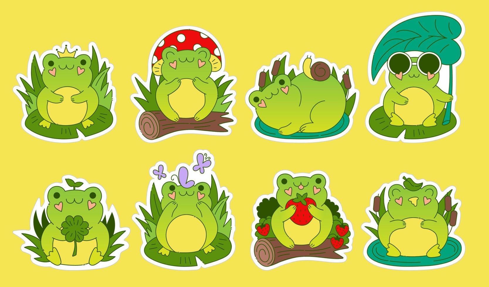 vector set van schattige cartoon kikkers. kawaii froggie stickerpakket. baby dieren bundel. stripfiguren voor kinderen