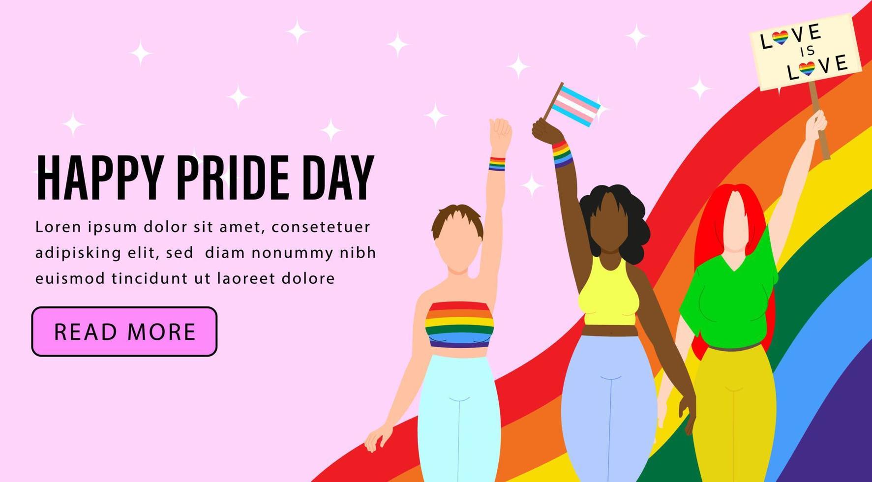 gay pride-parade. lesbiennes doen mee aan lgbt-trots. vectorillustratie in een vlakke stijl. LGBT-sjabloon voor spandoek op roze achtergrond. vector