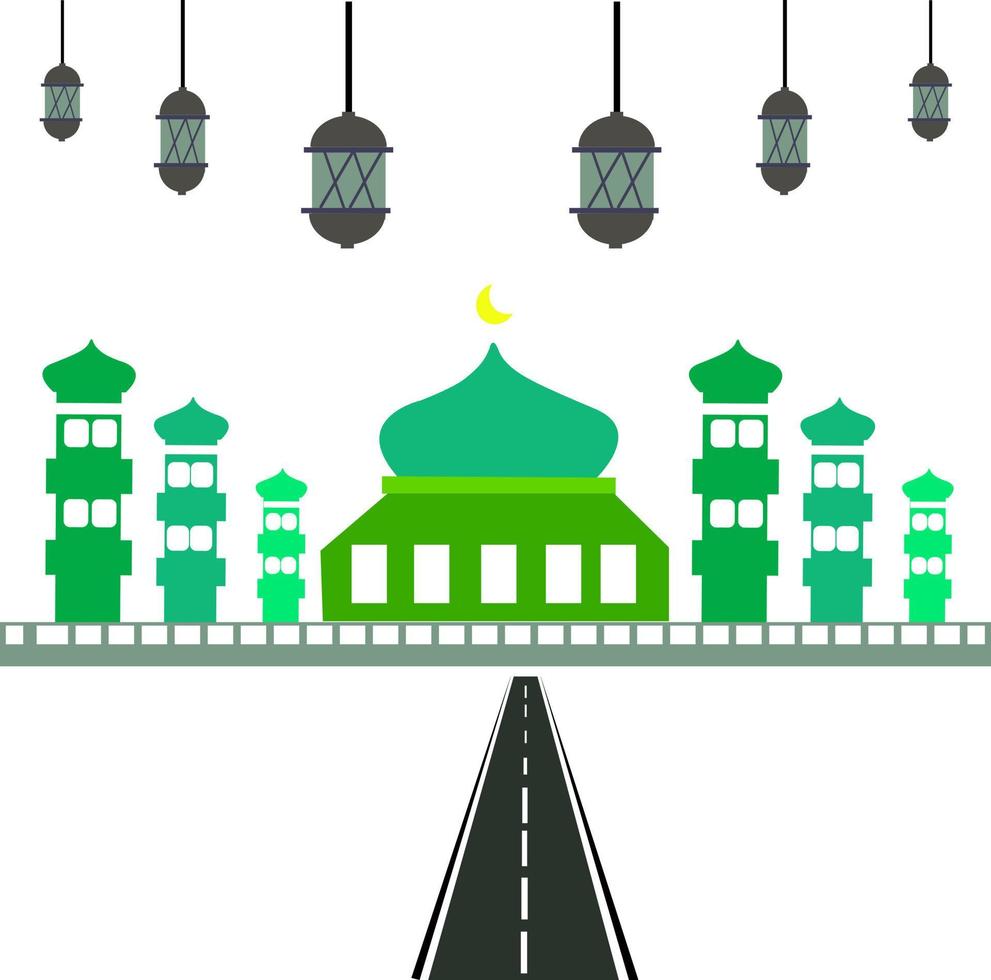 groene moskee en eid al-adha lanterns.for achtergrond en islamitisch nieuwjaar wenskaartsjabloon met halve maan, moskee, sterren. ook geschikt voor eid al-fitr, eid al-adha, ramadan, iftar, etc vector