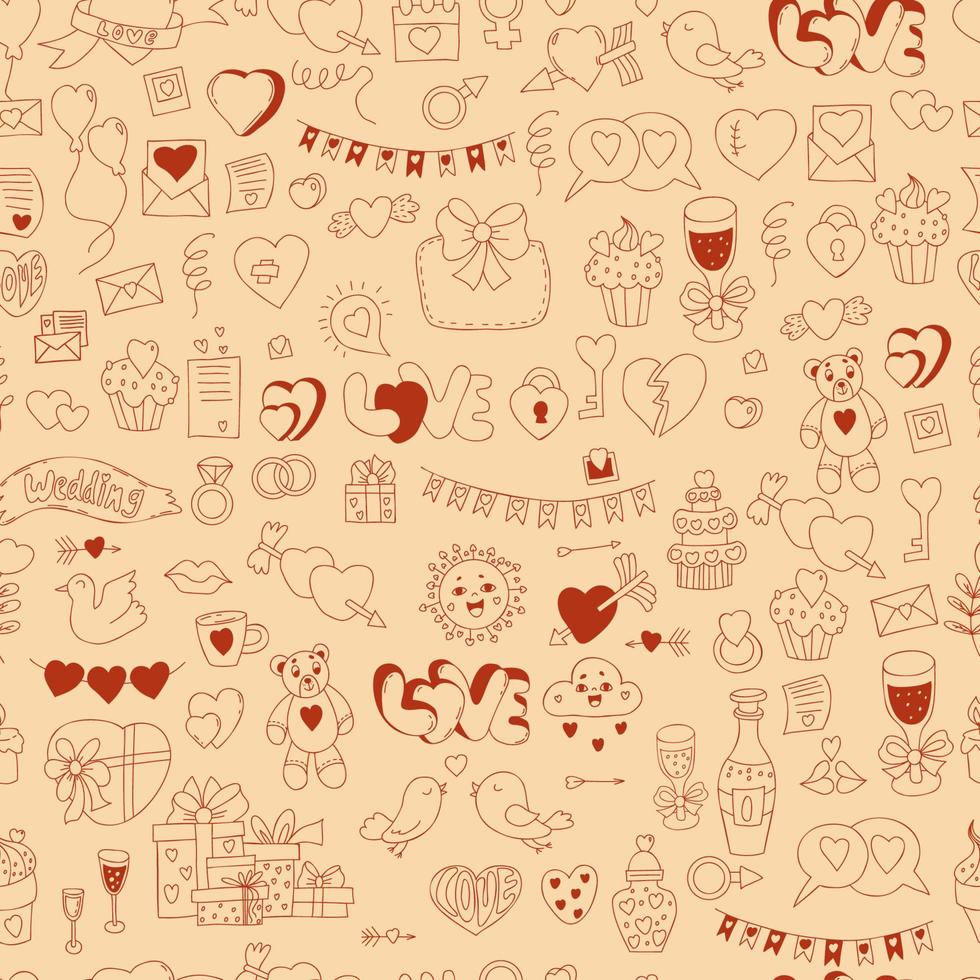 naadloos huwelijkspatroon in lineaire krabbelstijl. trouwringen, liefdesbrief, liefde, hart, slingers en geschenken, paar vogels op lichte achtergrond. vectorillustratie voor ontwerp, decor, behang. vector