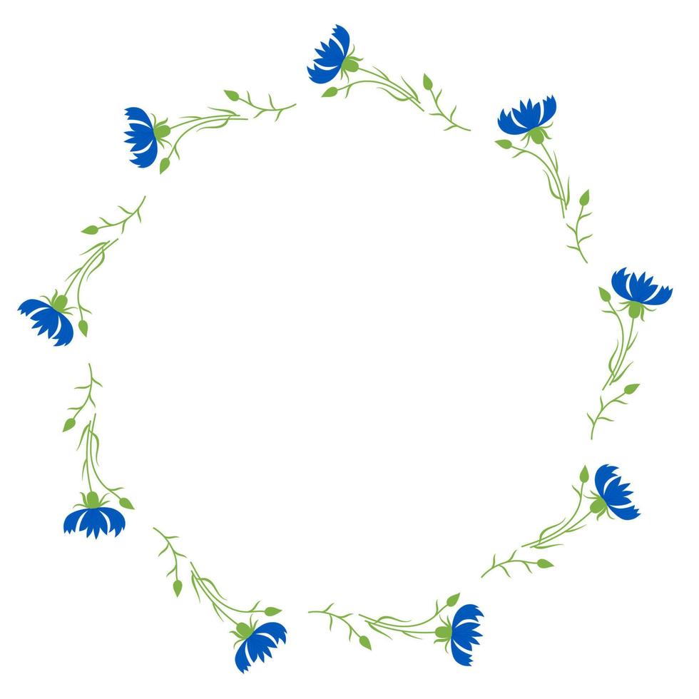 ronde frame met blauwe bloemen korenbloemen. ansichtkaart servet, decoratie. vectorillustratie. bloemmotief voor bruiloft decor, design, print en servetten. vector