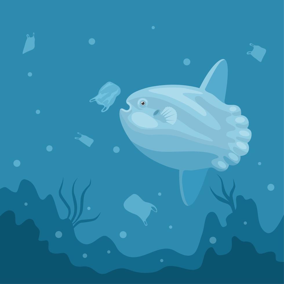 vectorillustratie, maanvis die een plastic zak probeert te eten die wordt aangezien voor een kwal, als een spandoek of poster, internationale plastic zakvrije dag. vector