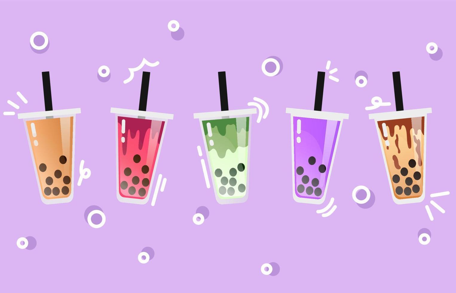 boba drinkt grote kop, boba-drank in vectorillustratie, taro, tiramisu, rood fluweel, matcha-thee, bruine suikeraroma's. zoet en lekker vector